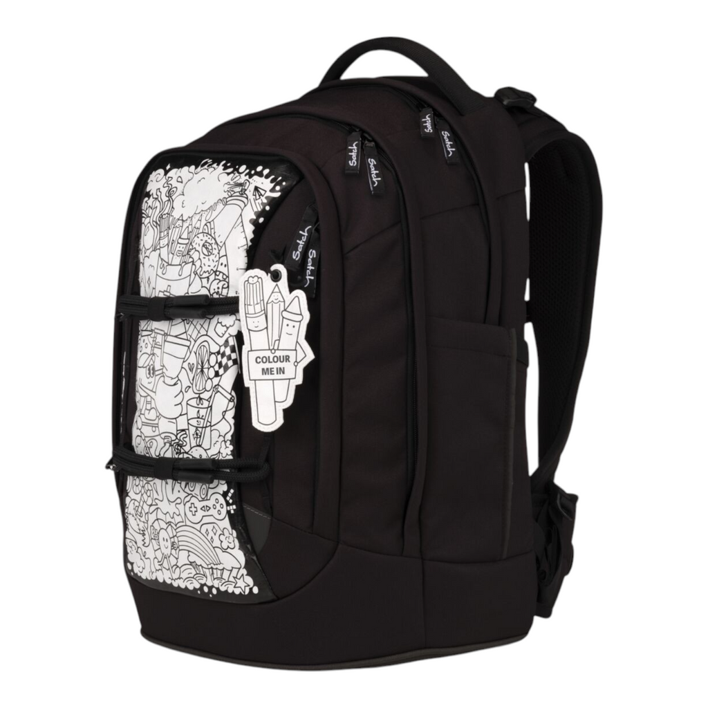 Lieblingstasche black school backpack with a white doodle-style front panel and a colour-in tag