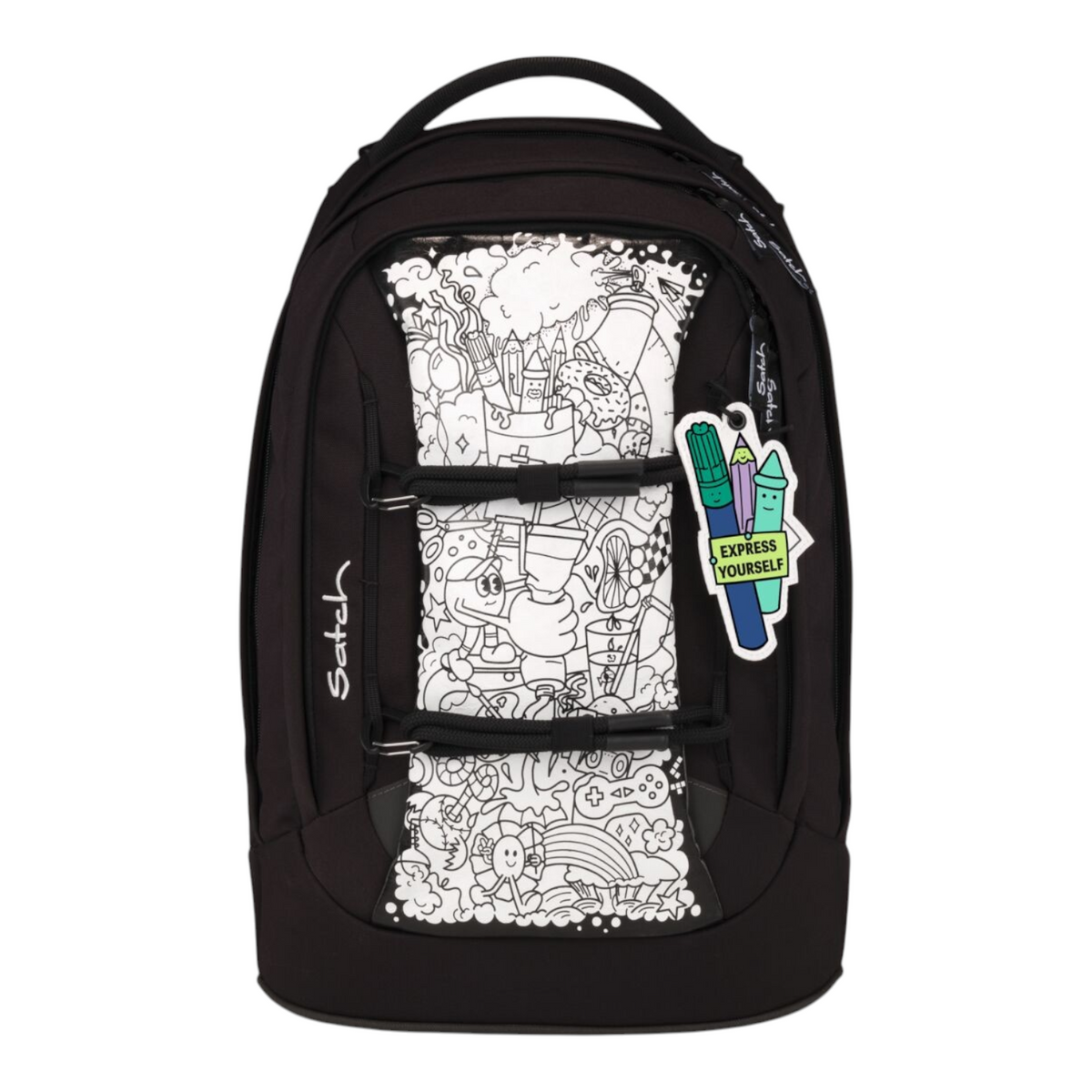 Lieblingstasche black school backpack with a white doodle-style graphic panel and an Express Yourself tag