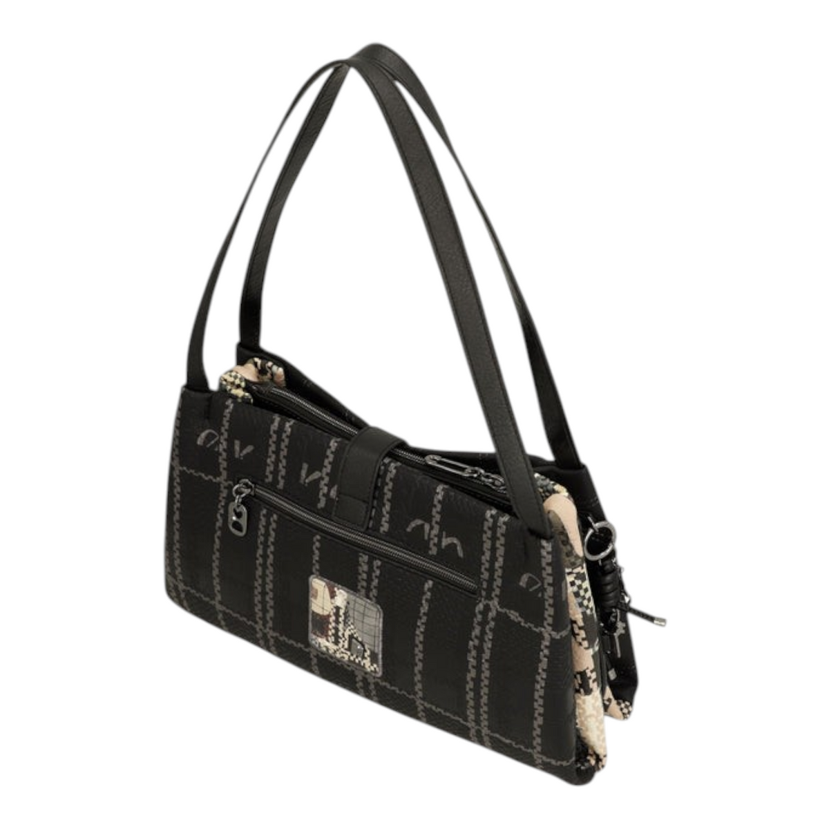 Lieblingstasche shoulder bag in black with a grey grid pattern, featuring dual straps and a side zip pocket.
