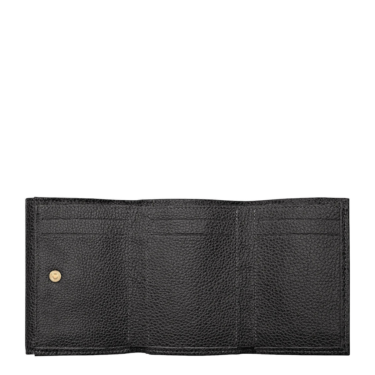 Lieblingstasche black pebbled leather tri-fold card holder with multiple card slots and a snap closure.