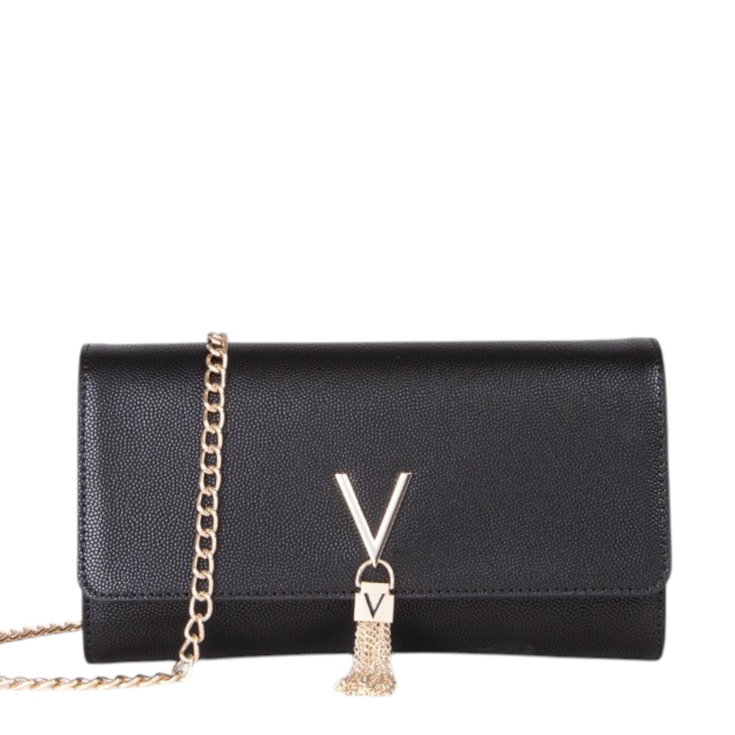 Lieblingstasche Pochette Divina black leather clutch with gold chain and tassel detail.