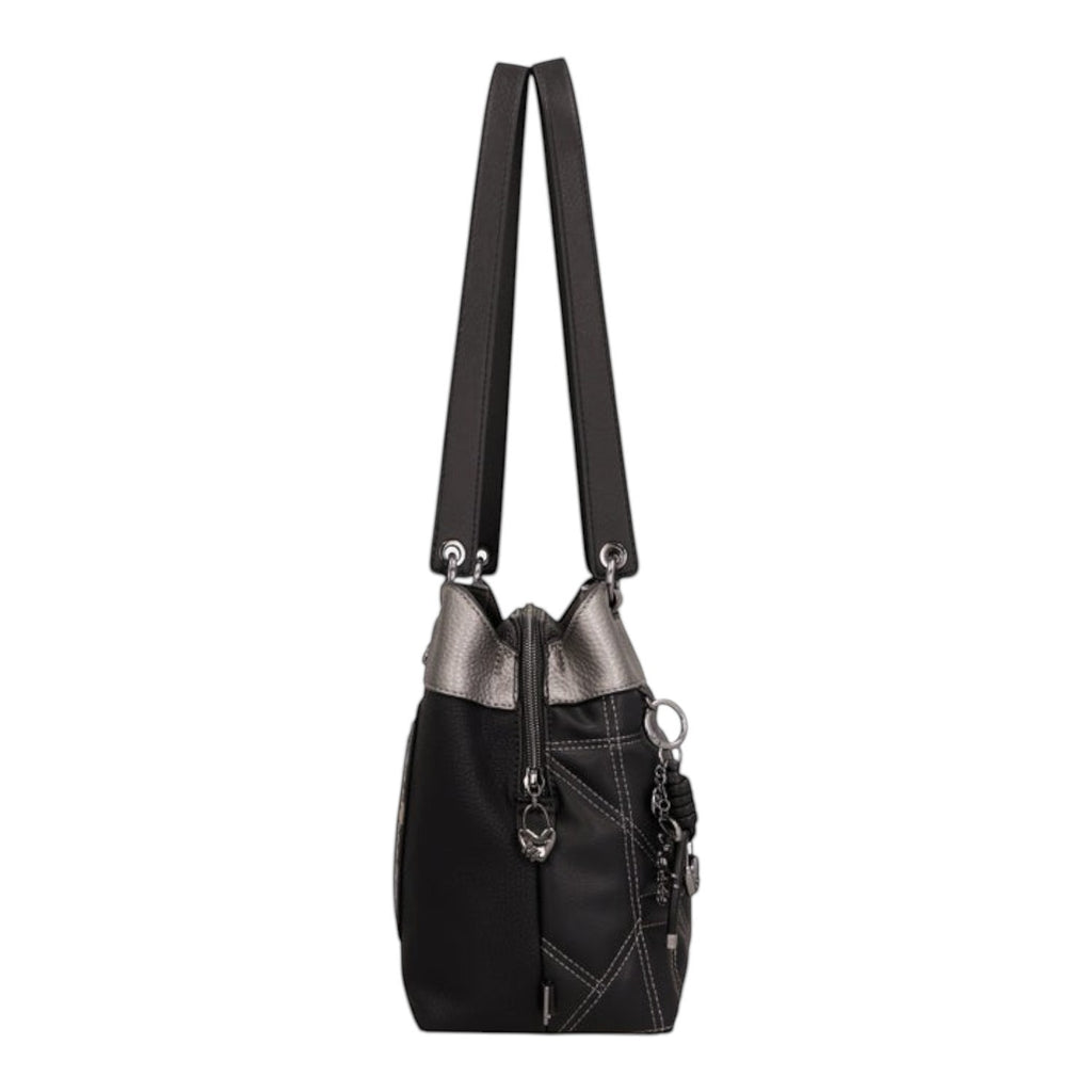 Lieblingstasche shoulder bag in black with metallic silver accents, featuring decorative stitching and side charms.
