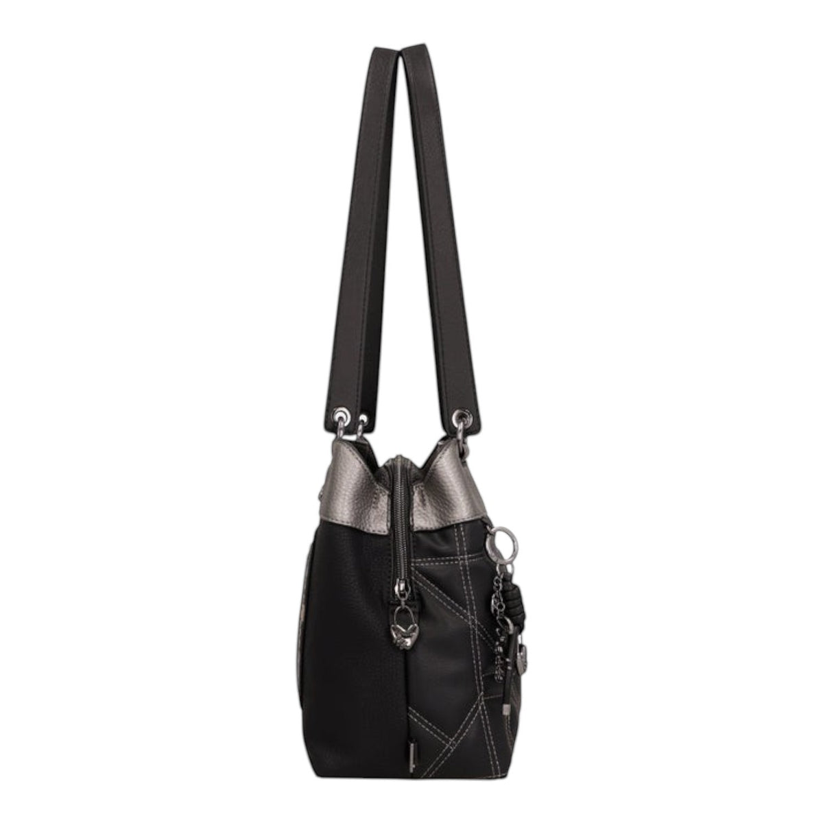Lieblingstasche shoulder bag in black with metallic silver accents, featuring decorative stitching and side charms.