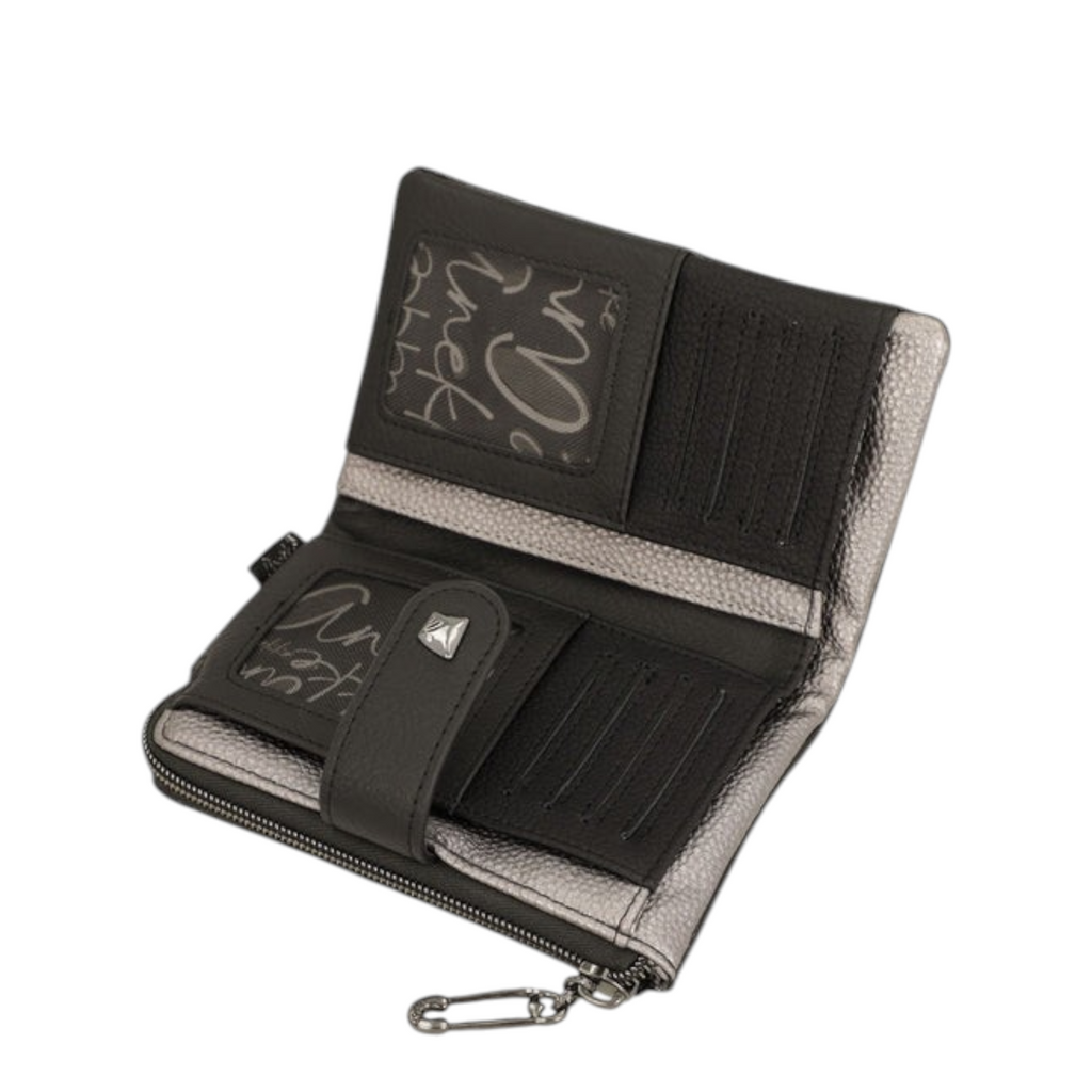 Lieblingstasche black and metallic silver bi-fold wallet with card slots, ID window, and safety pin zipper pull