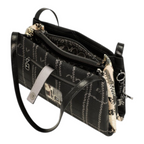 Lieblingstasche shoulder bag in black with a patterned fabric design, featuring multiple zippered compartments.