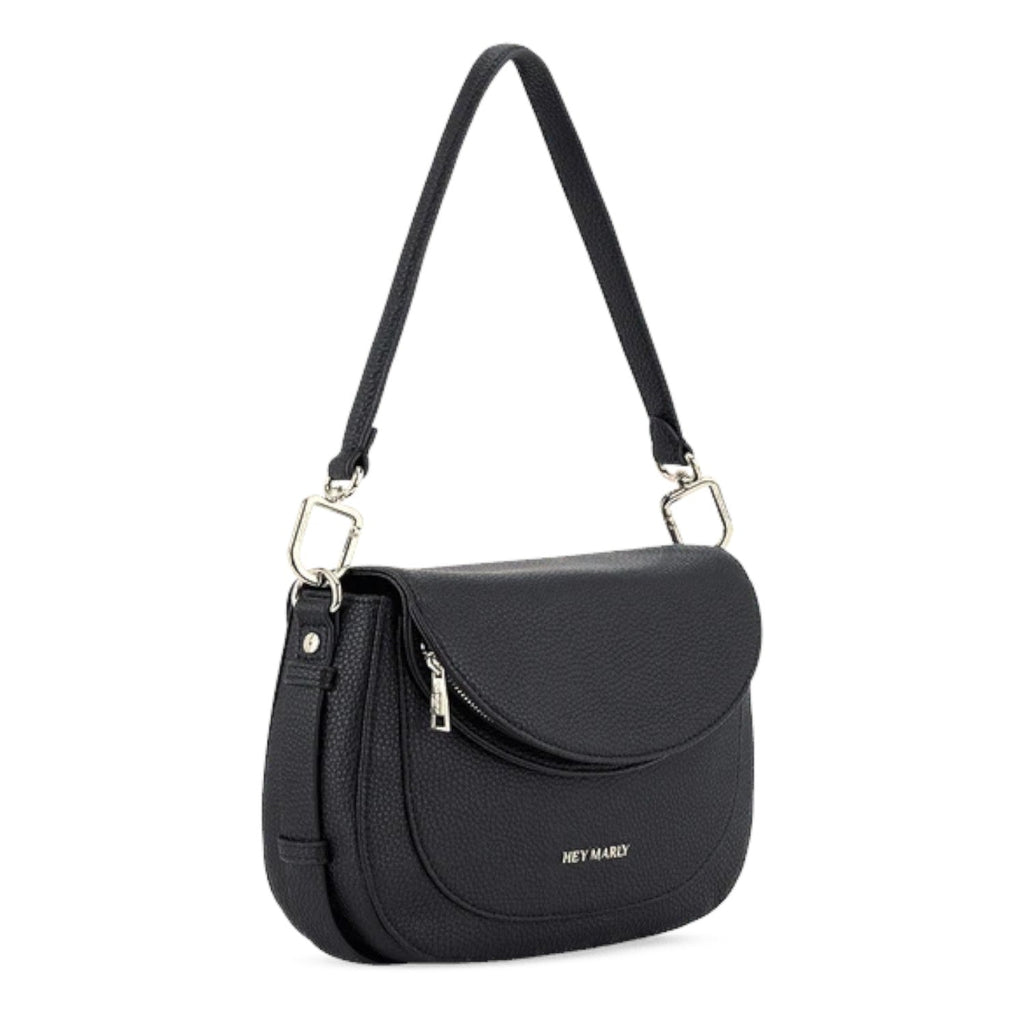 Lieblingstasche Big Sister black pebbled leather shoulder bag with a curved flap and silver hardware