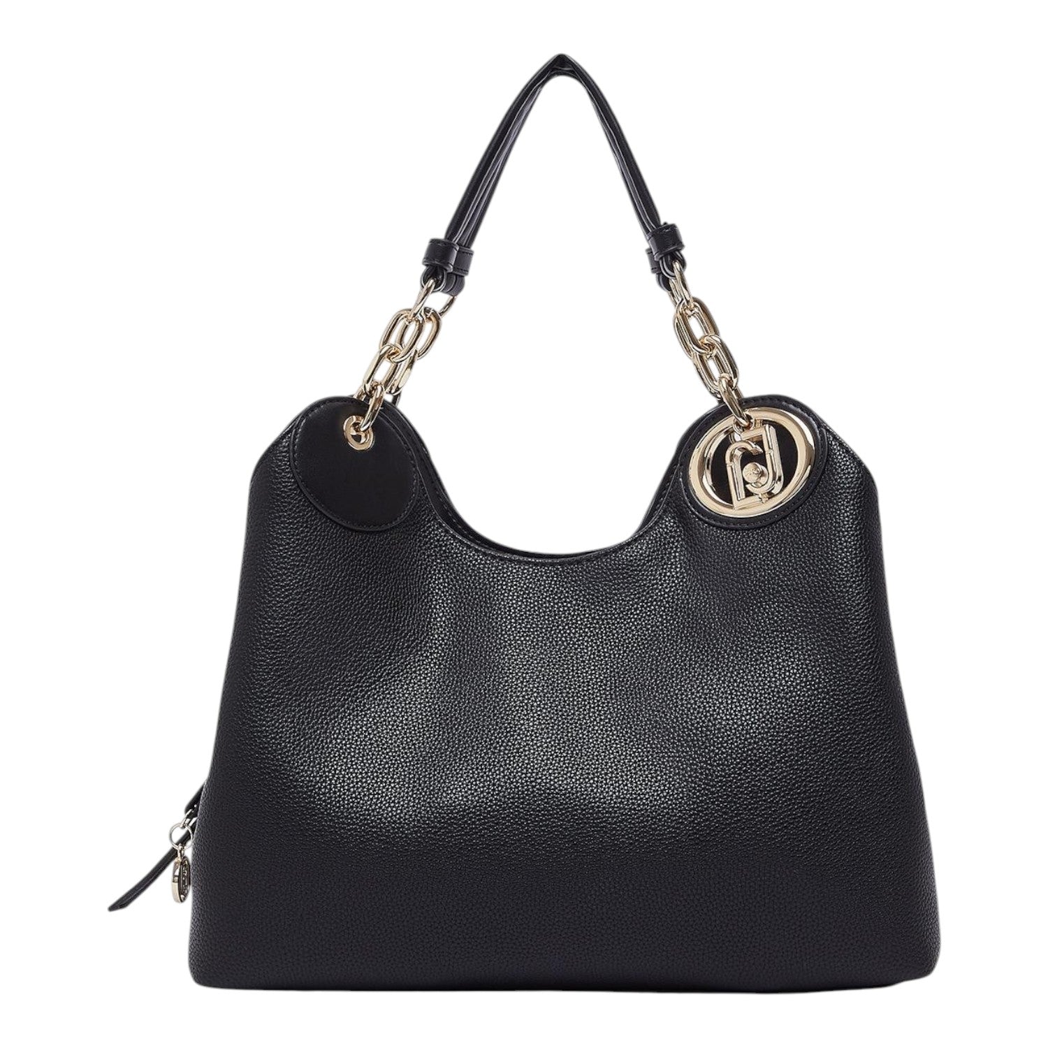 Lieblingstasche ECS Satchel M in black pebbled faux leather with gold chain strap and circular logo hardware