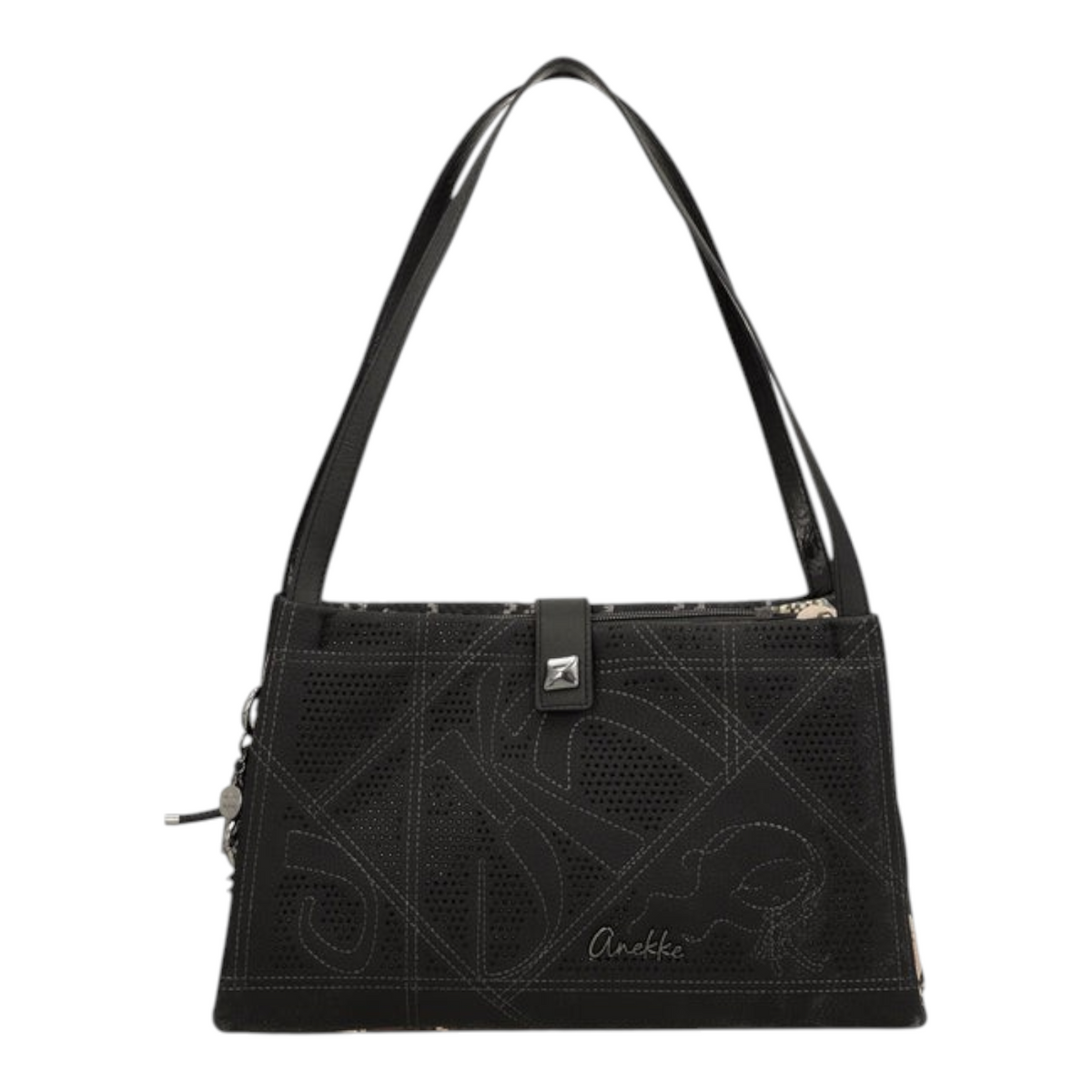 Lieblingstasche black shoulder bag with perforated geometric patterns and a central metallic stud closure