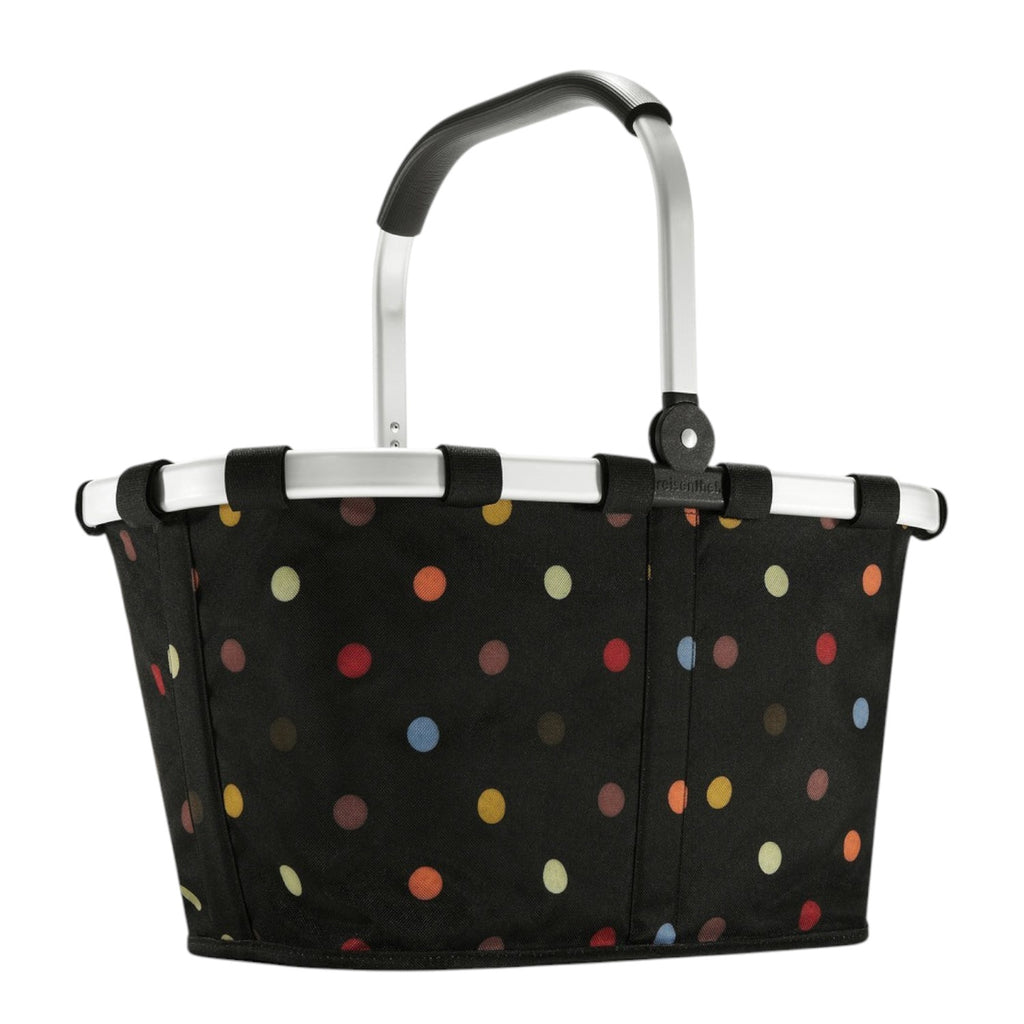 Lieblingstasche Carrybag in black with a colourful polka dot pattern and a sturdy silver aluminium handle.