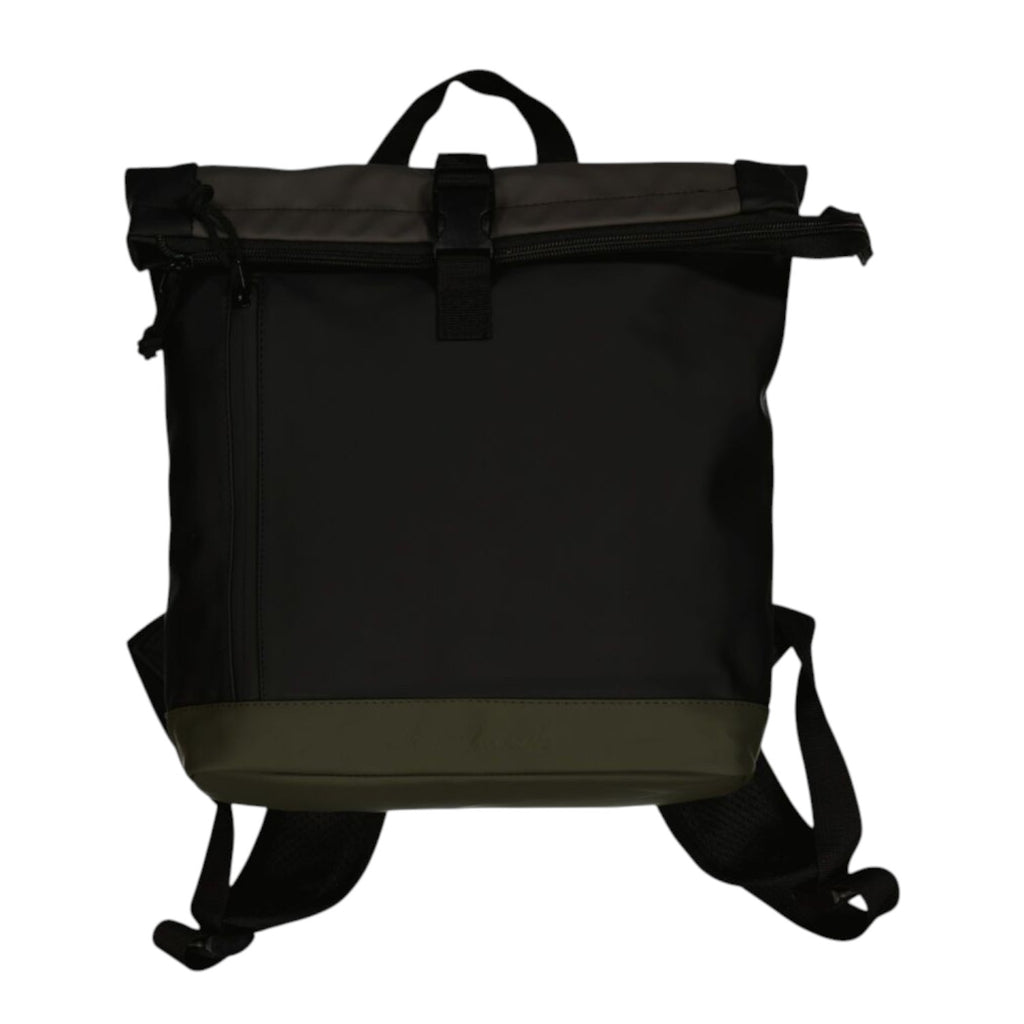 Lieblingstasche black coated rolltop backpack with olive green base and buckle closure.
