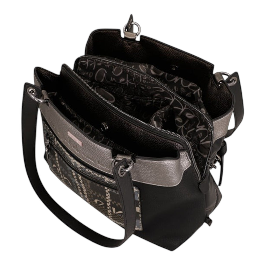Lieblingstasche shoulder bag in black and metallic silver with patterned interior lining and multiple compartments