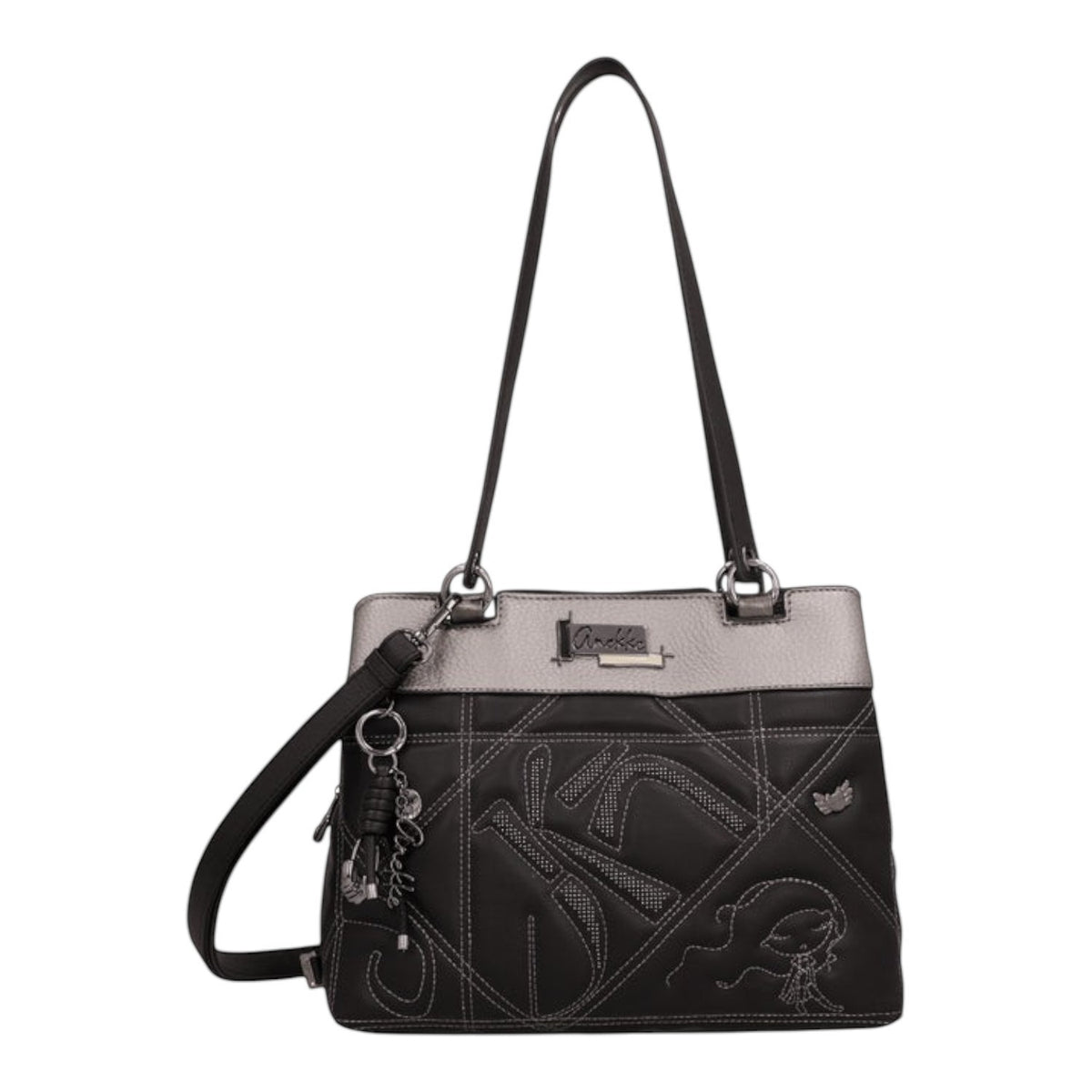 Lieblingstasche black and silver shoulder bag with decorative white stitching and Anekke brand charm