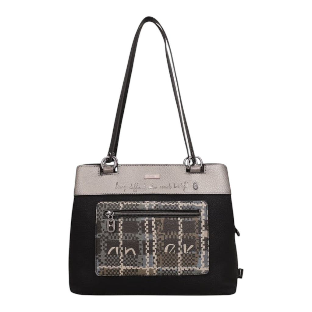 Lieblingstasche shoulder bag in black and metallic silver with a patterned front pocket and zipper closure