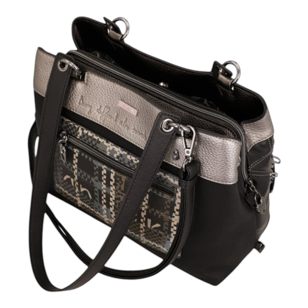 Lieblingstasche shoulder bag in black and metallic silver with a patterned front pocket and silver hardware