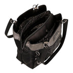 Lieblingstasche black shoulder bag with silver metallic accents, zippered compartments, and patterned interior lining