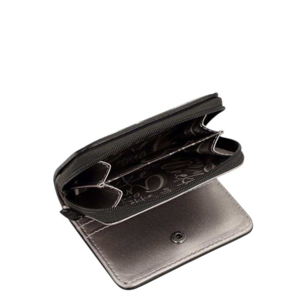 Lieblingstasche black and silver bi-fold wallet with a zippered coin compartment and patterned interior lining