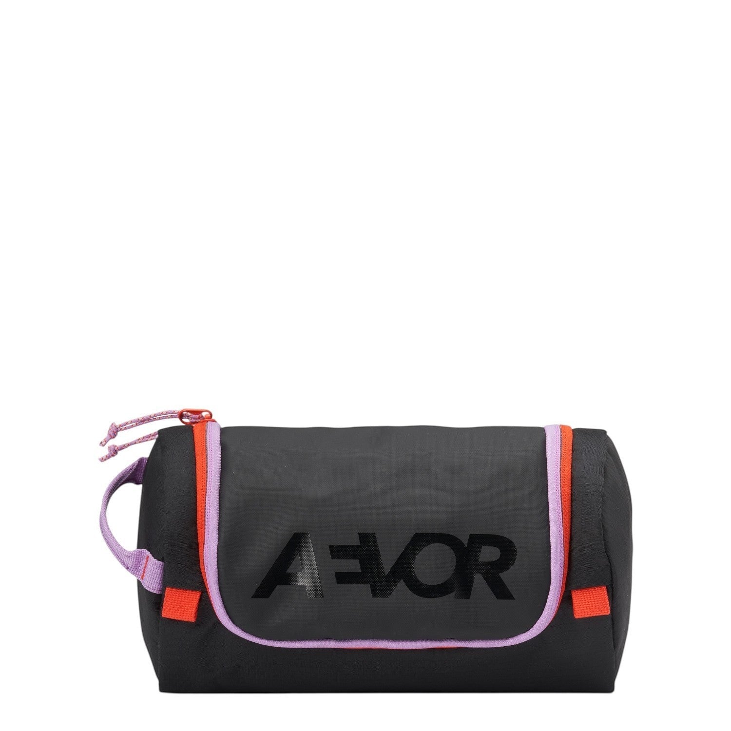 Lieblingstasche AEVOR black wash pack with purple piping, orange accents, and a side carry handle