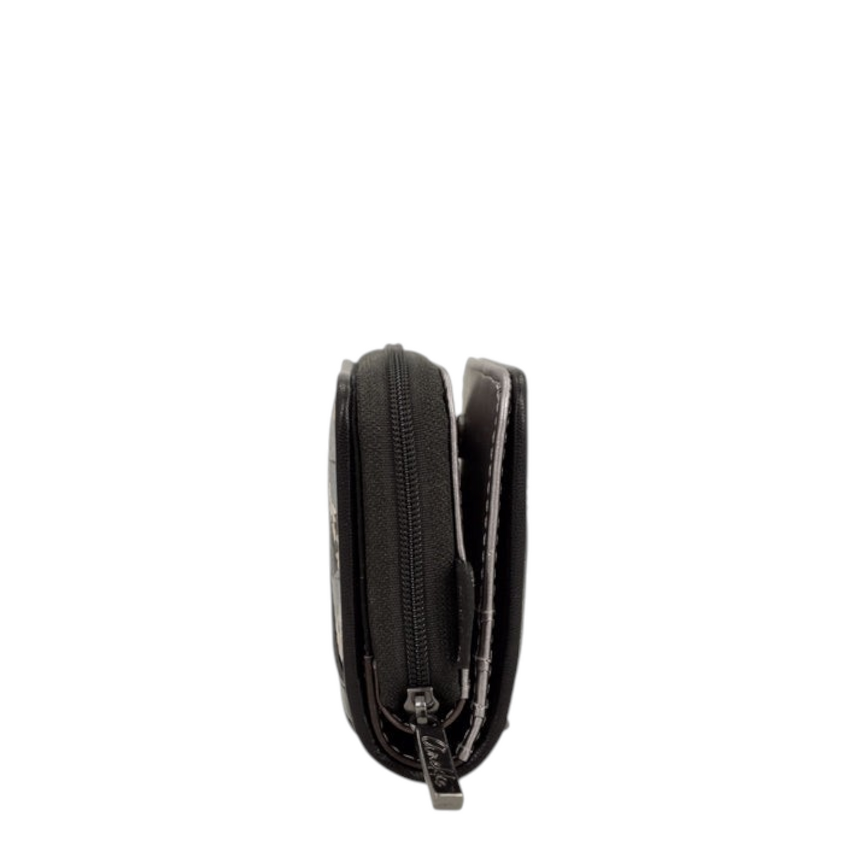 Lieblingstasche black wallet with a secure zip-around closure and metallic zipper pull, side profile view