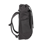Side view of the Lieblingstasche Blok Medium charcoal grey drawstring backpack with mesh side pocket