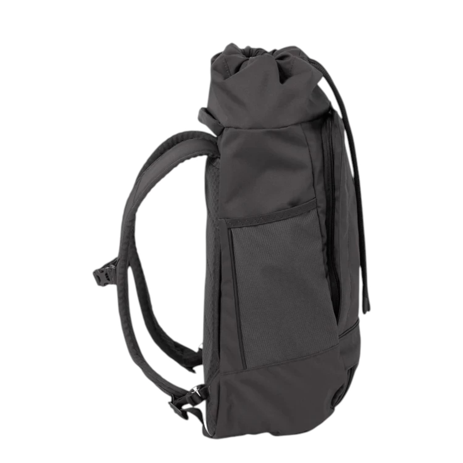 Side view of the Lieblingstasche Blok Medium charcoal grey drawstring backpack with mesh side pocket