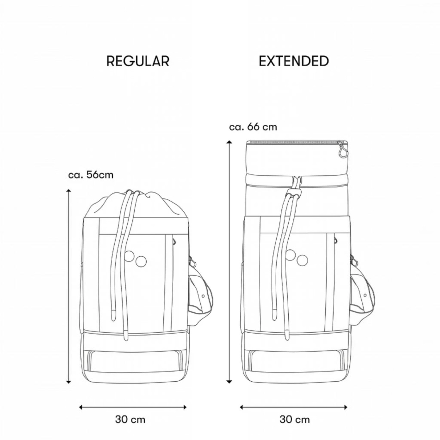 Lieblingstasche Blok Medium backpack technical line drawing showing regular and extended height dimensions