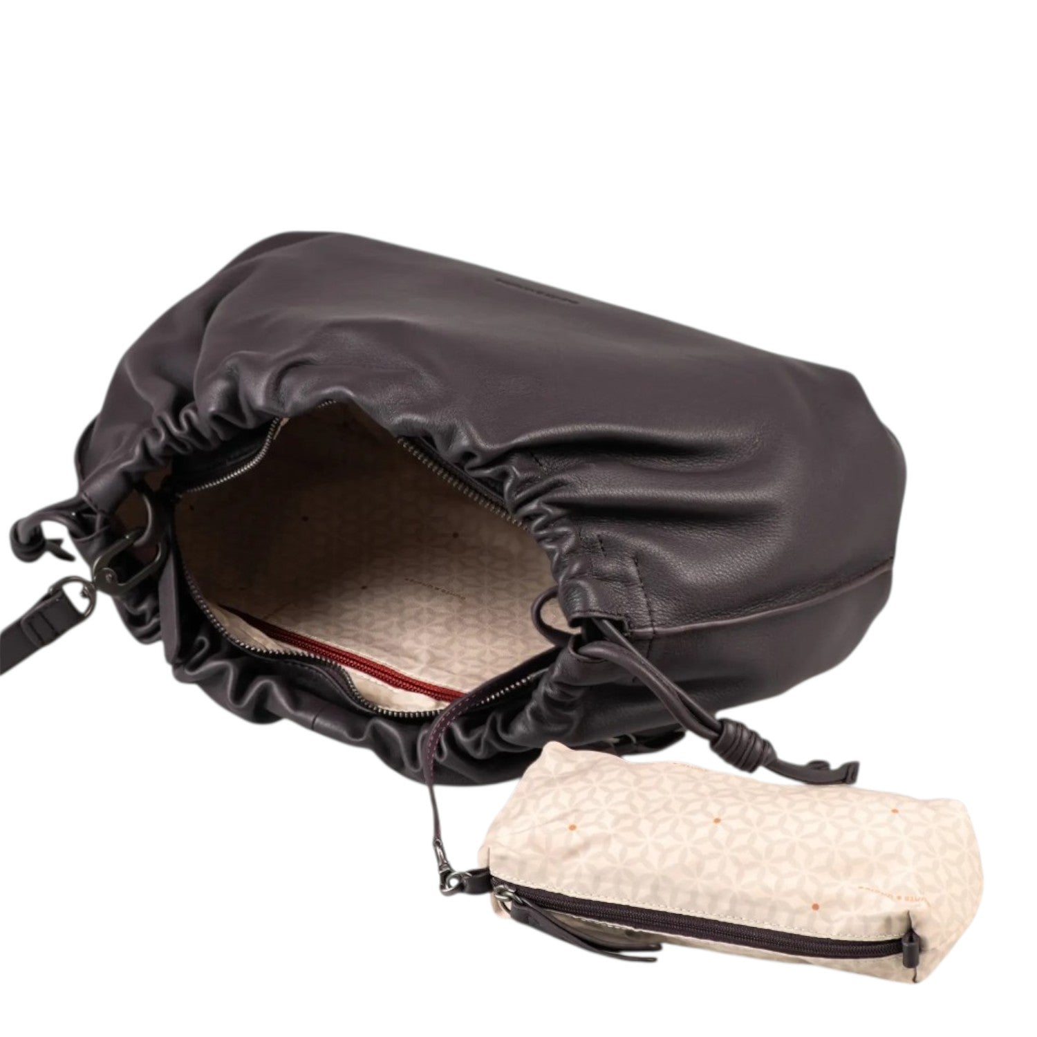 Lieblingstasche Bloom dark brown leather drawstring handbag with a small patterned detachable pouch