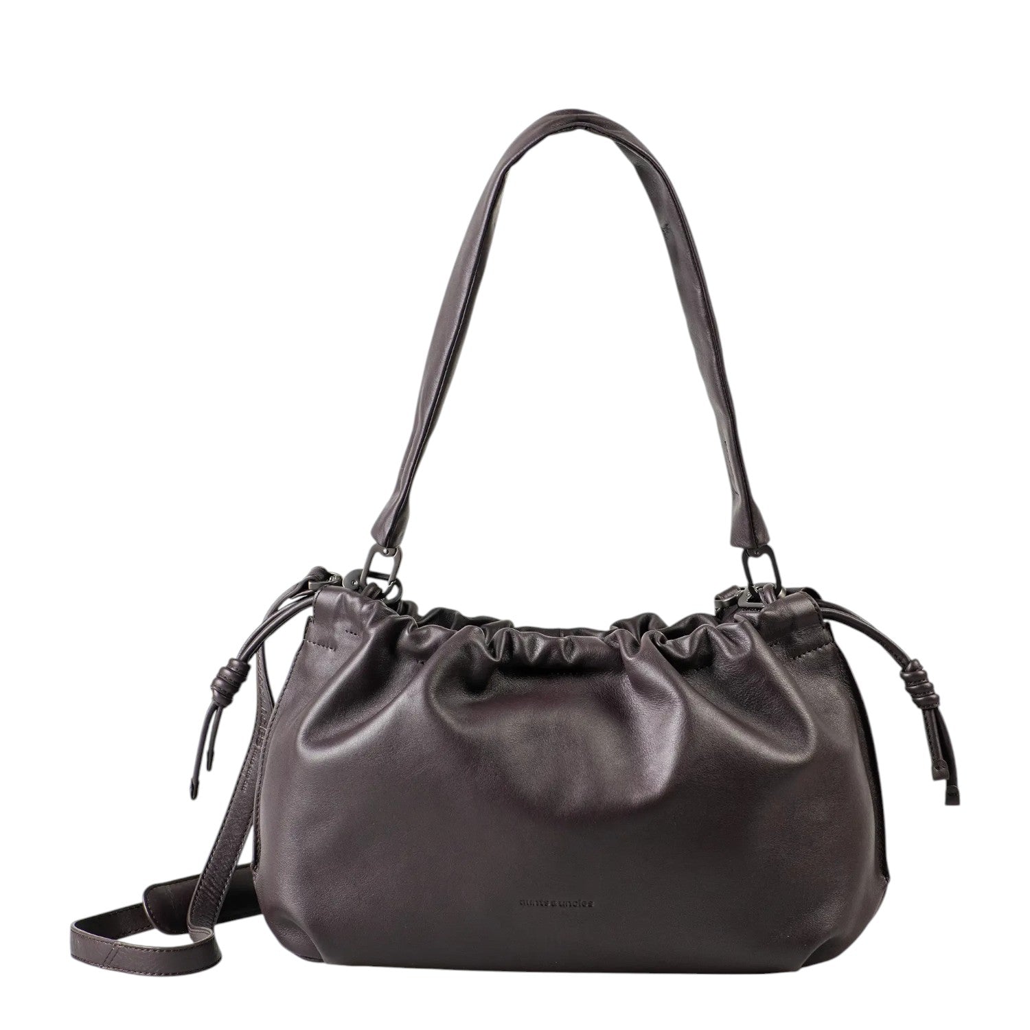 Lieblingstasche Bloom dark brown leather shoulder bag with a gathered drawstring top and adjustable strap