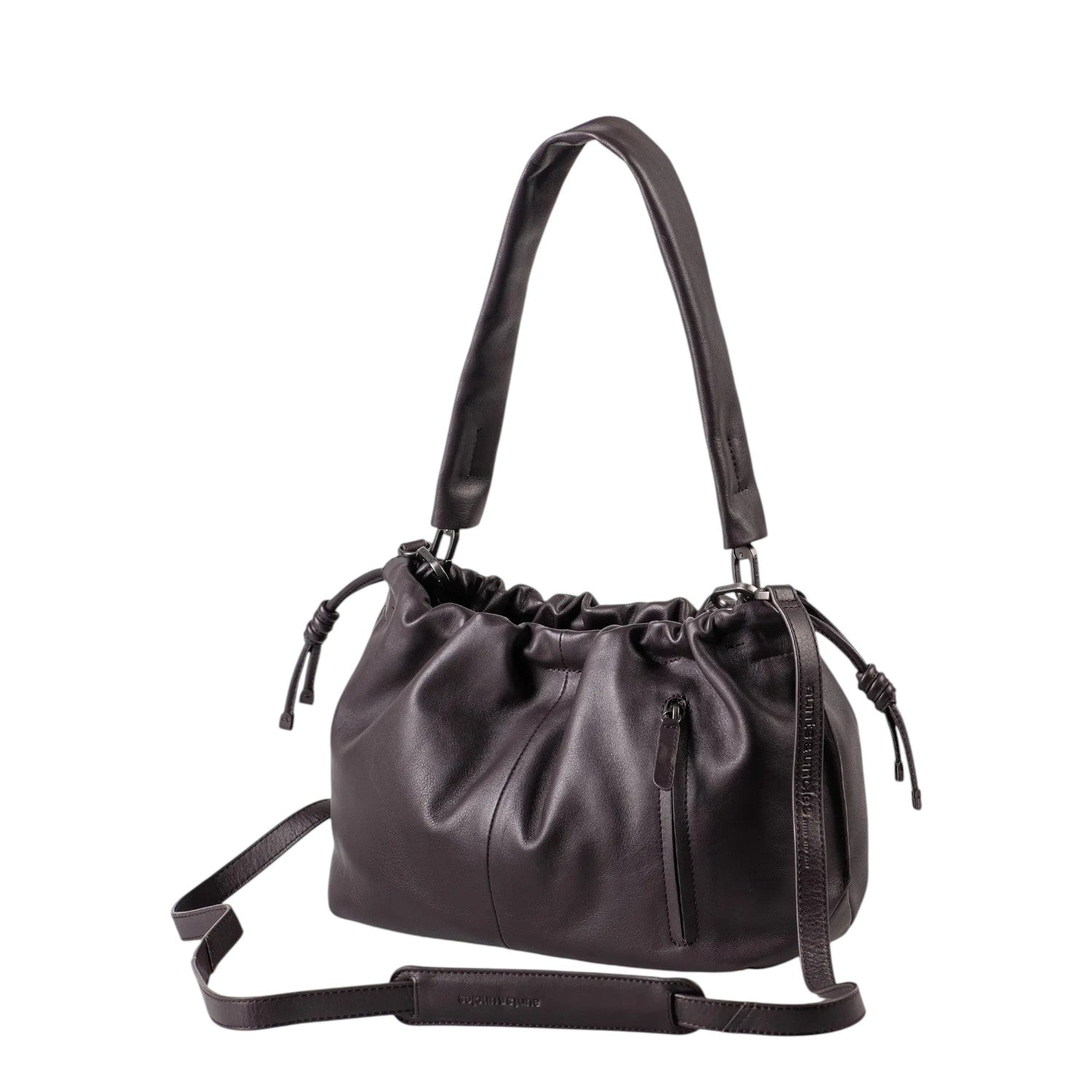 Lieblingstasche Bloom dark brown leather hobo bag with a gathered drawstring top and adjustable shoulder strap