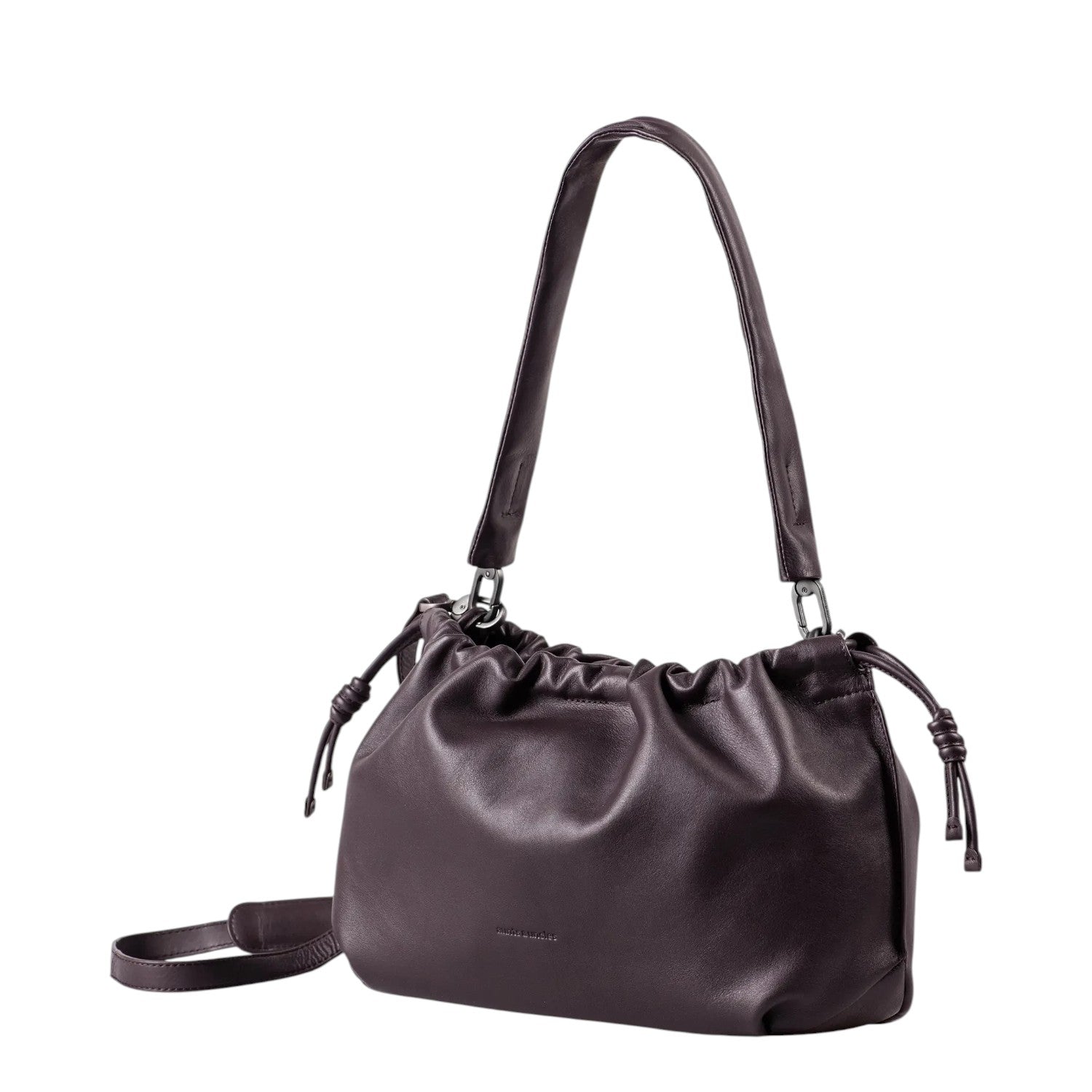 Lieblingstasche Bloom dark purple leather shoulder bag with a drawstring closure and adjustable strap
