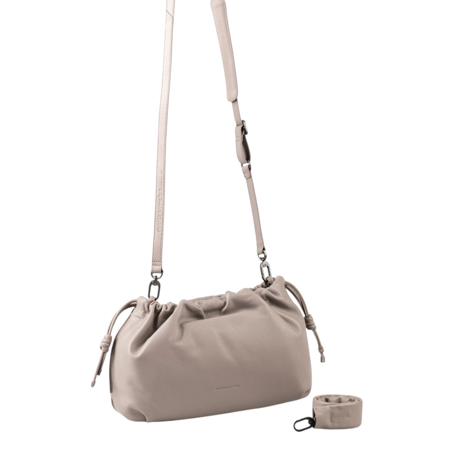 Lieblingstasche Bloom taupe leather drawstring shoulder bag with adjustable strap and detachable wristlet