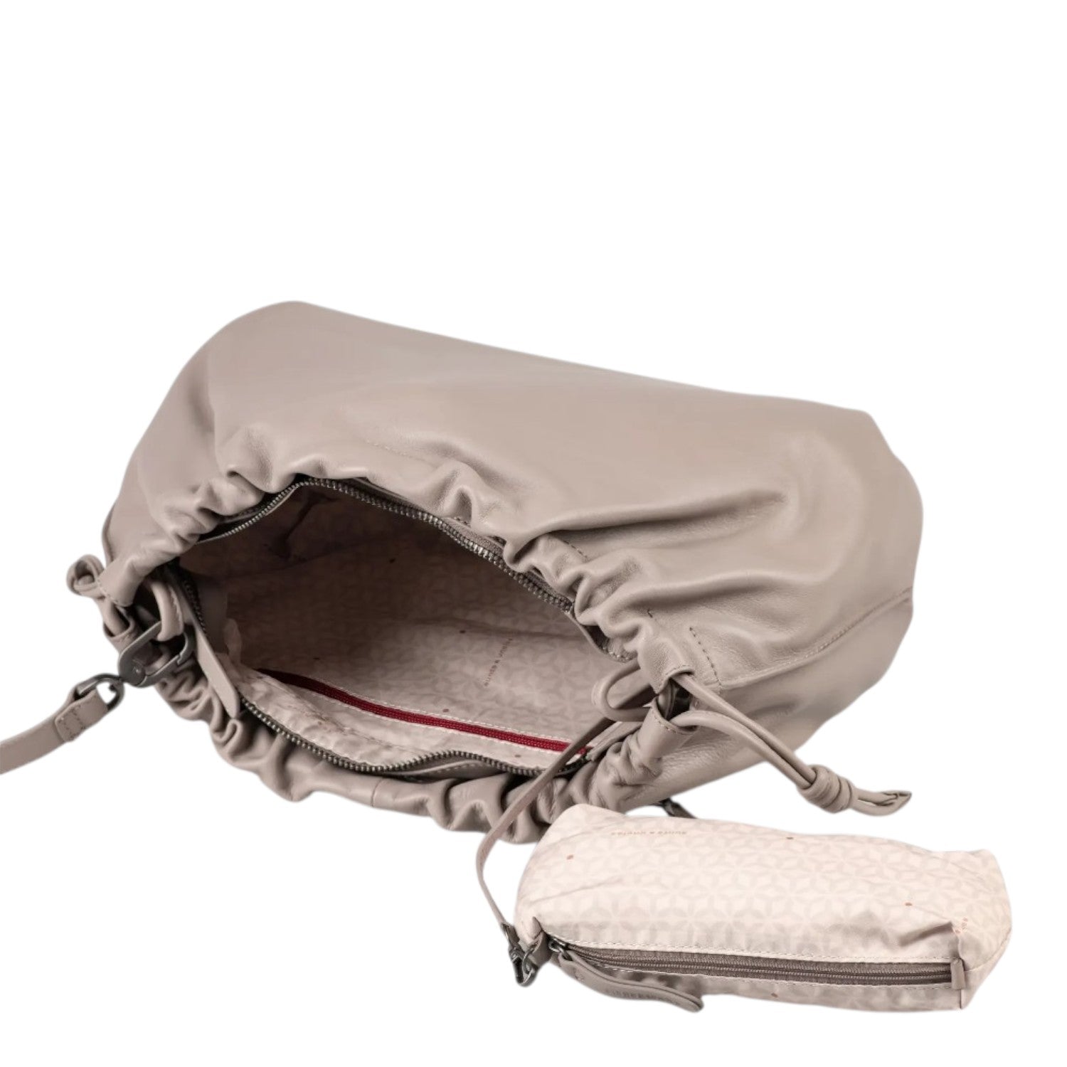 Lieblingstasche Bloom taupe leather drawstring handbag with a matching patterned interior pouch