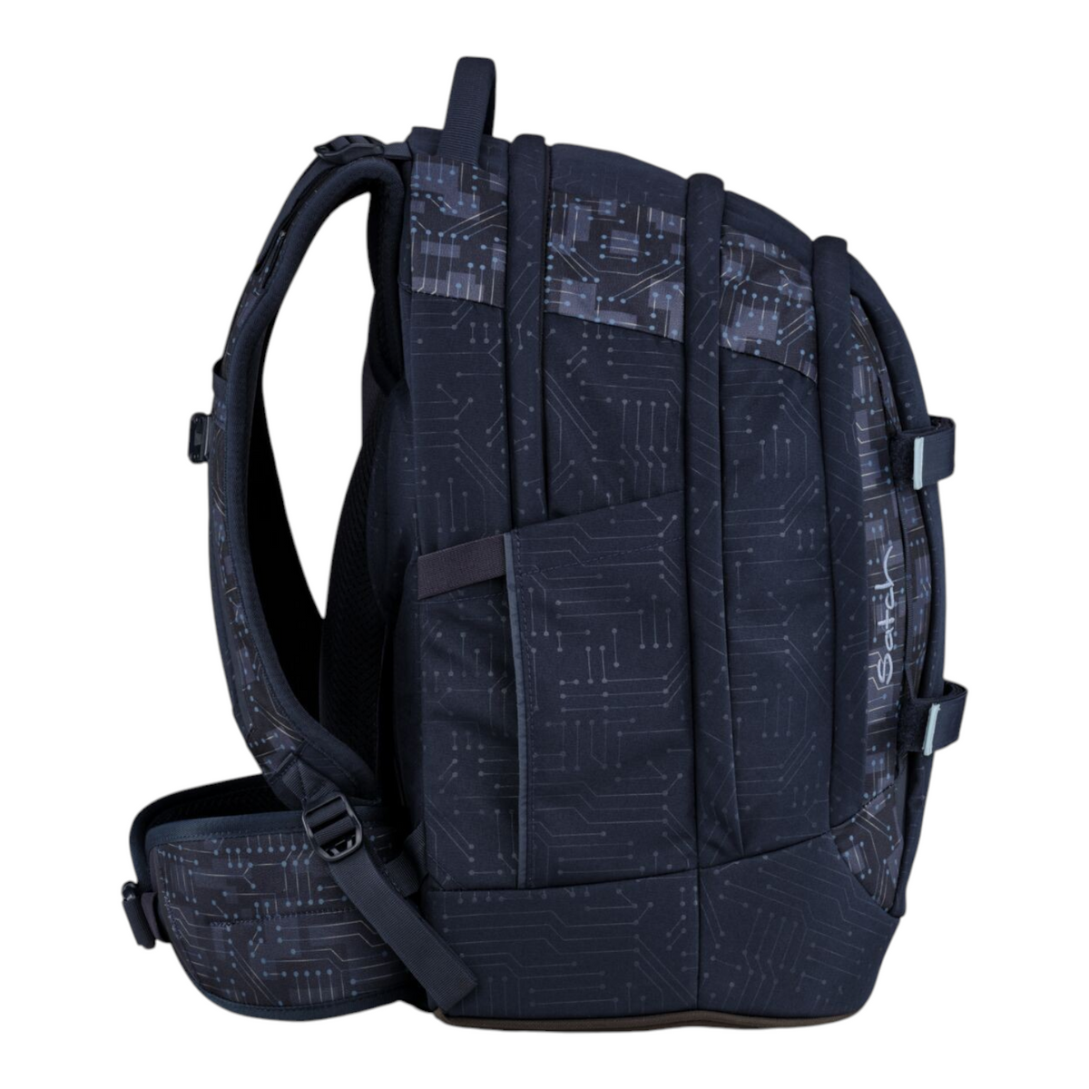 Lieblingstasche ergonomic school backpack in dark blue with a circuit board pattern, side view