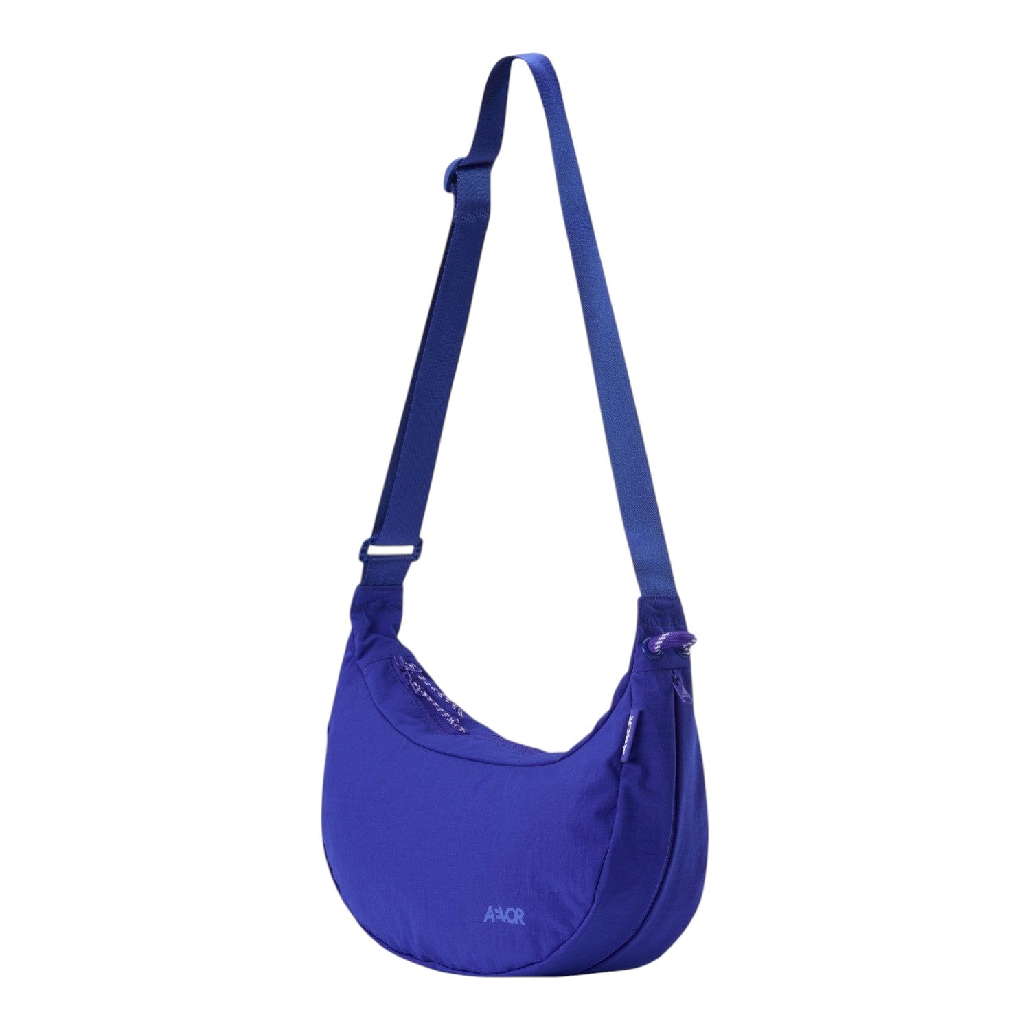 Lieblingstasche blue crescent-shaped sling bag with an adjustable shoulder strap and zippered closure