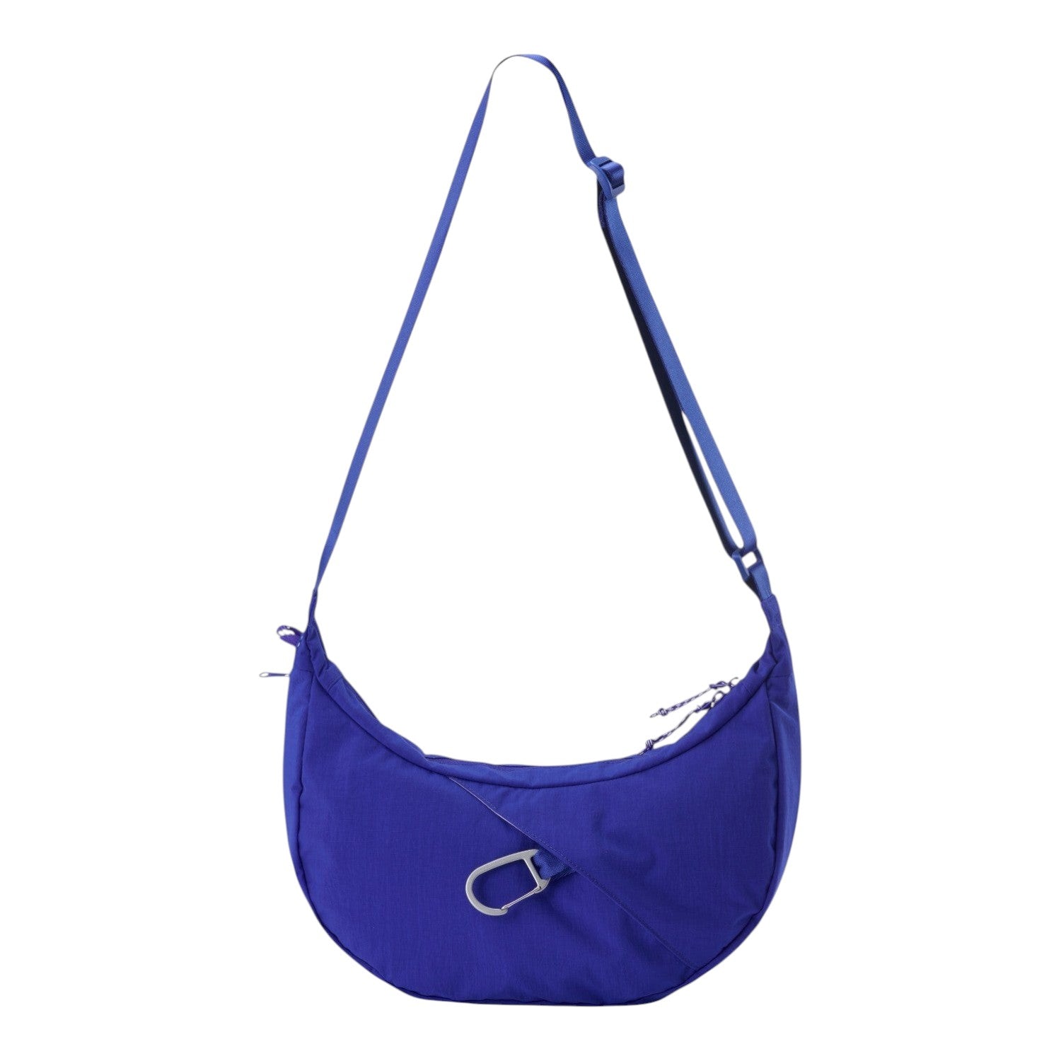 Lieblingstasche blue crescent-shaped nylon sling bag with an adjustable strap and silver carabiner detail