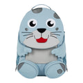 Lieblingstasche blue seal backpack with grey spots, mesh back panel, and two zippered pockets.