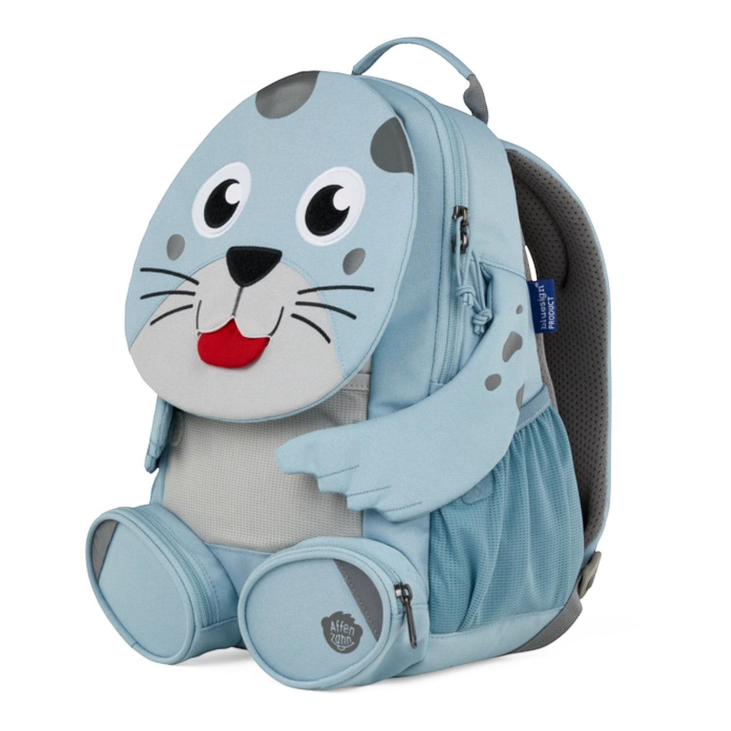 Lieblingstasche light blue seal-shaped backpack for kids with cute face, ears, and flippers.