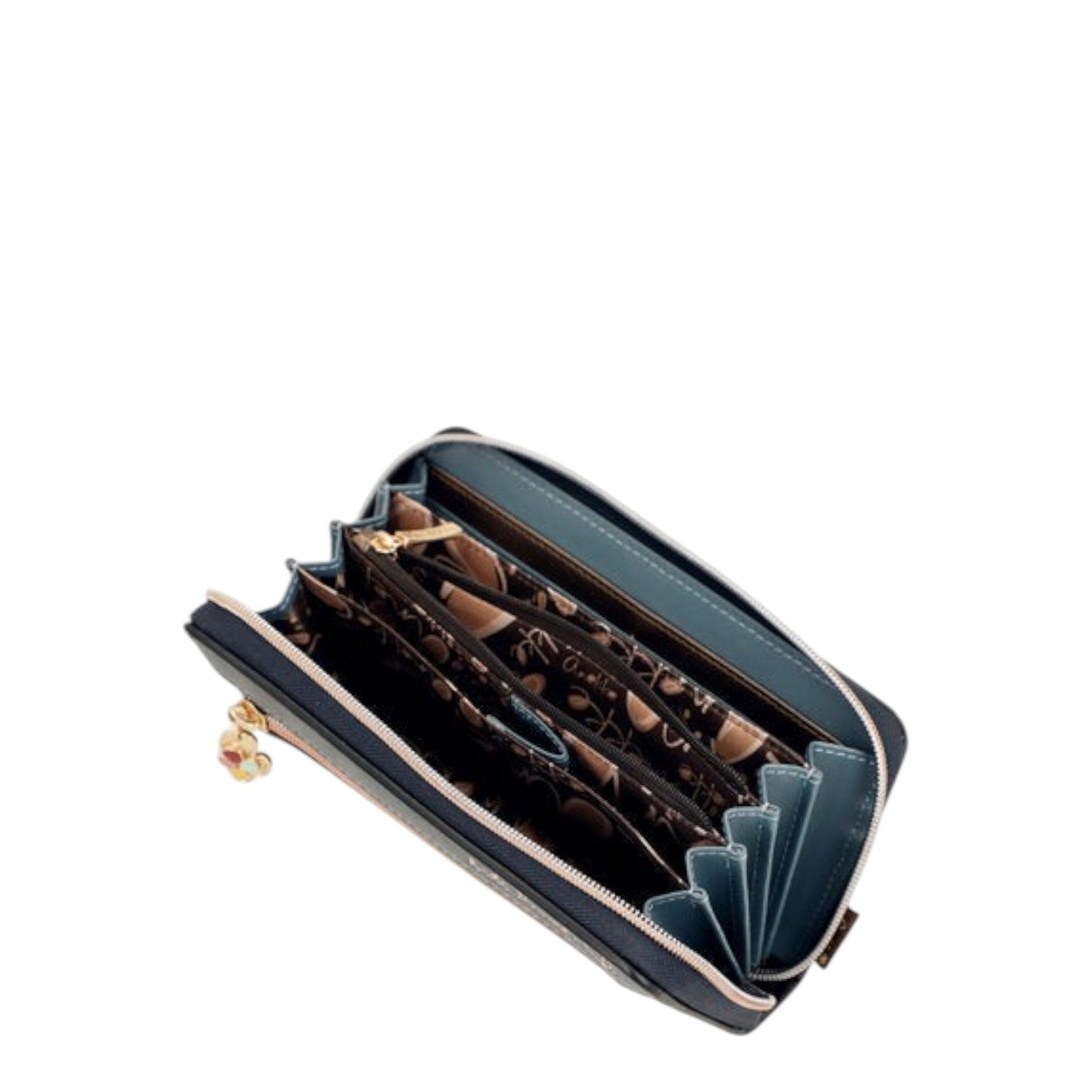 Lieblingstasche wallet in blue with a zip-around closure and patterned interior compartments