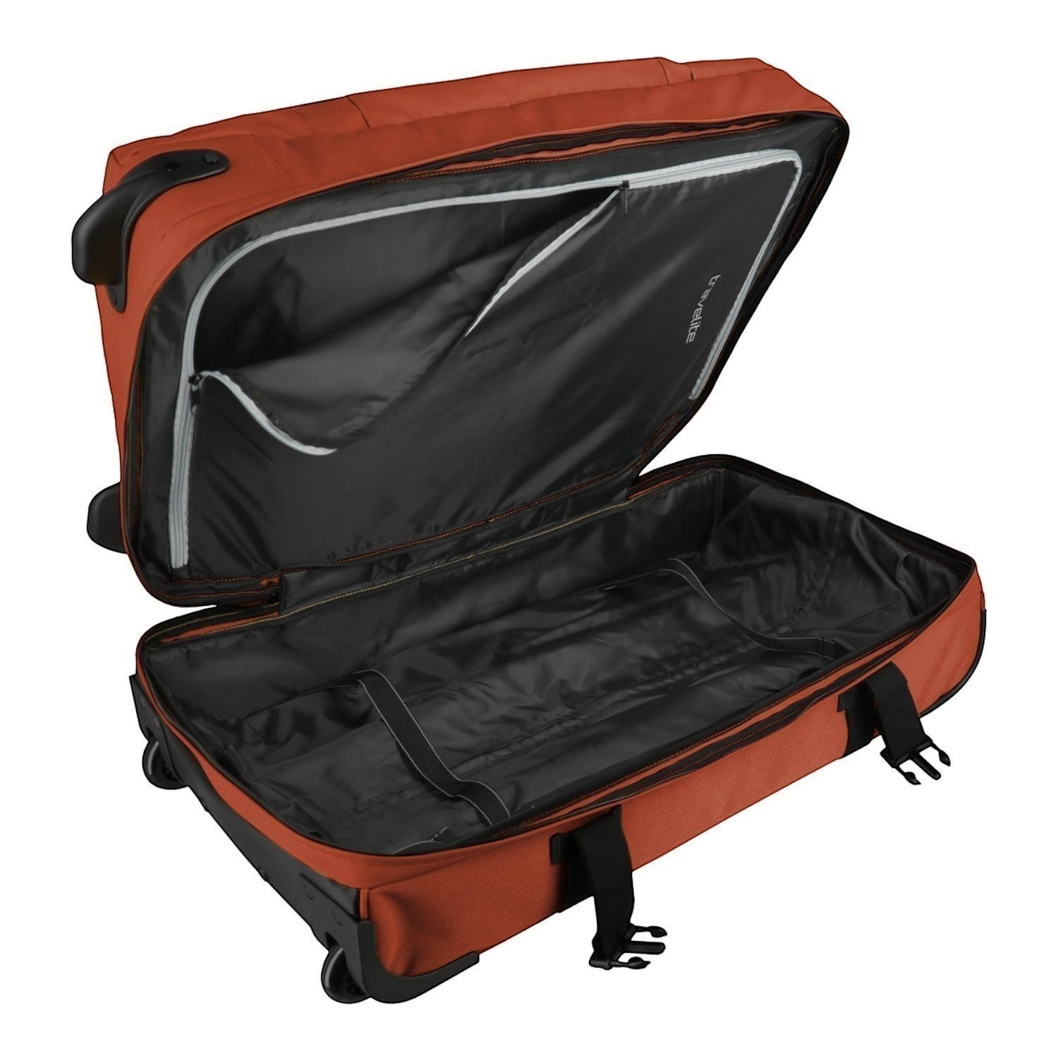 Lieblingstasche BOLONIA L orange wheeled travel bag with black interior and compression straps.