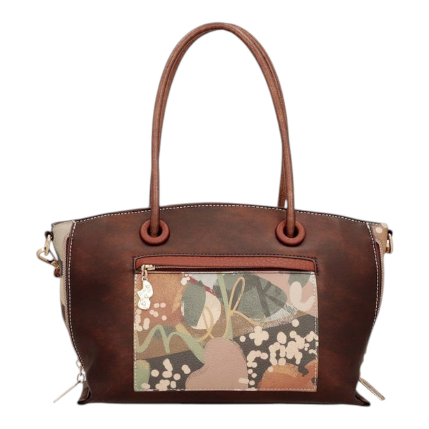 Lieblingstasche brown short handle bag with a multi-colored abstract pattern panel and front zipper pocket