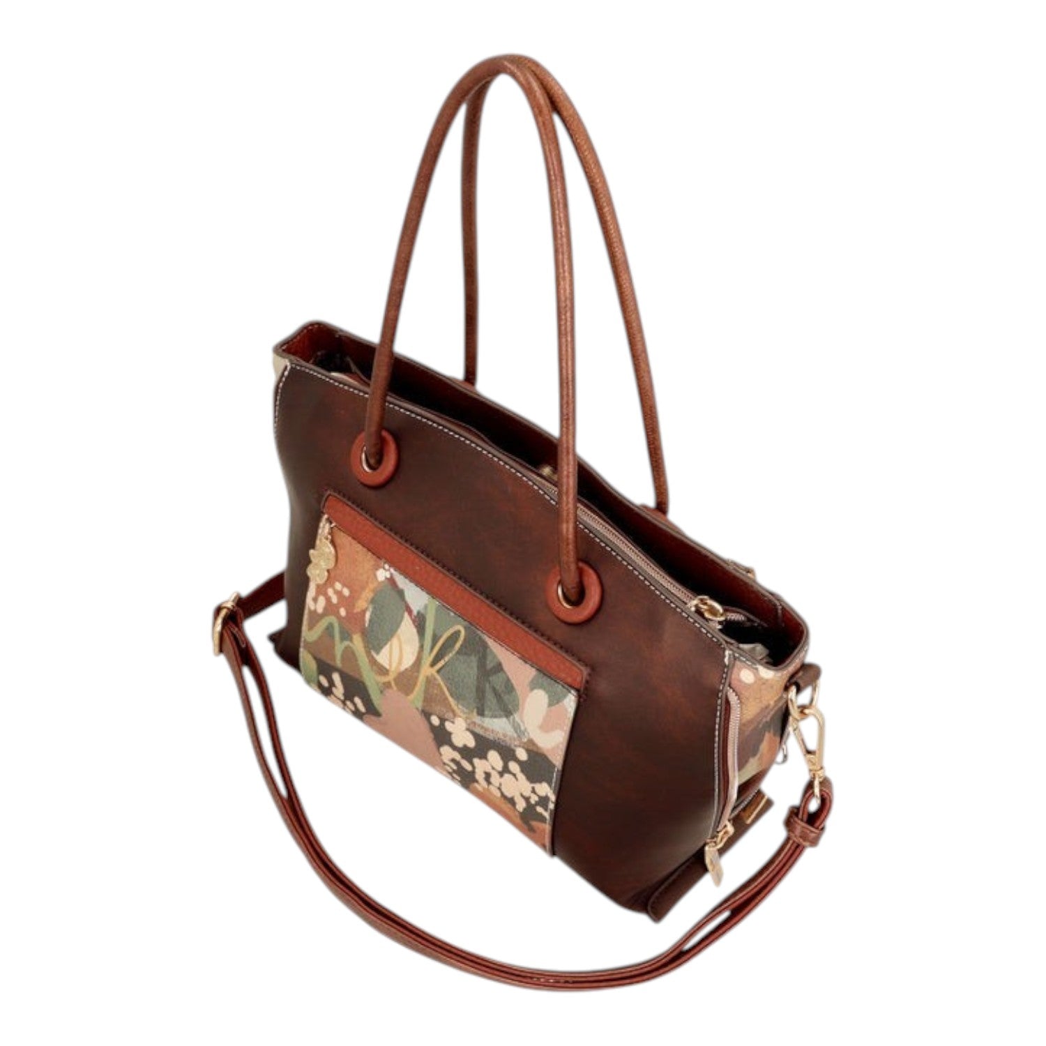 Lieblingstasche brown faux leather short handle bag with floral patterned front pocket and shoulder strap