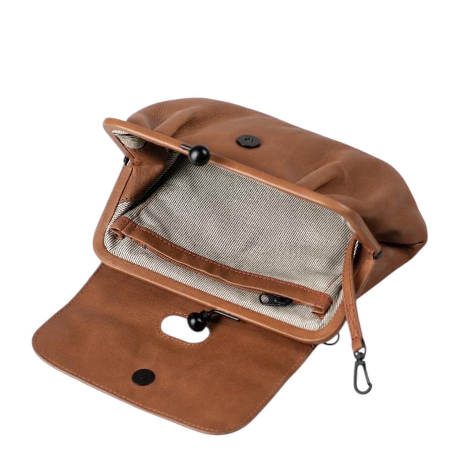 Lieblingstasche aunts & uncles Mrs. Whoopie Pie brown leather crossbody bag with open interior and clip closure