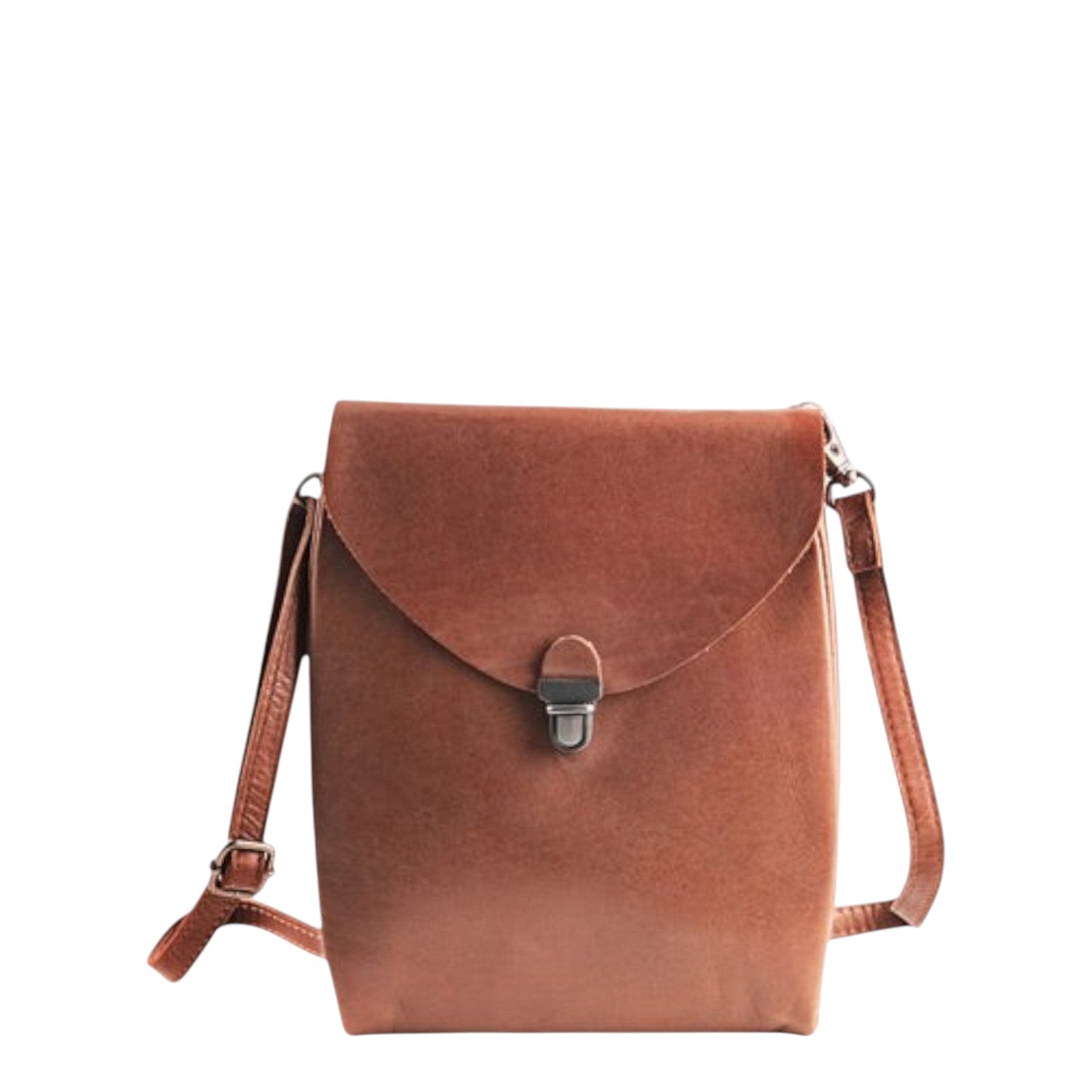 Lieblingstasche brown leather fold over flap crossbody bag with metal clasp closure.