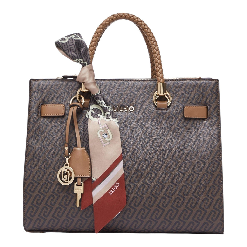 Lieblingstasche Tote M brown monogram handbag with braided handle, gold hardware, and decorative patterned scarf