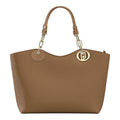 Lieblingstasche ECS Tote L in brown faux leather with gold chain handle accents and circular logo charm