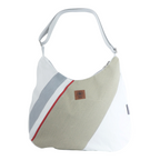 Lieblingstasche Bucht hobo bag in white and beige canvas with grey and red stripe accents and a brown logo patch
