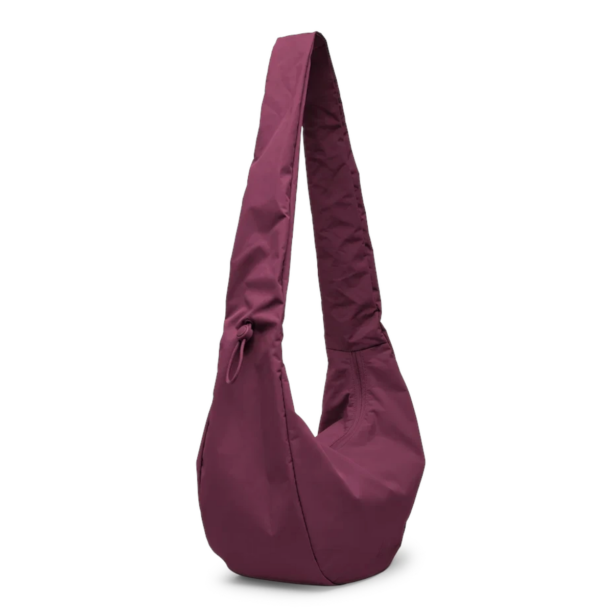 Lieblingstasche Moon Bag Ruffle Large in deep burgundy with a gathered shoulder strap and crescent silhouette.