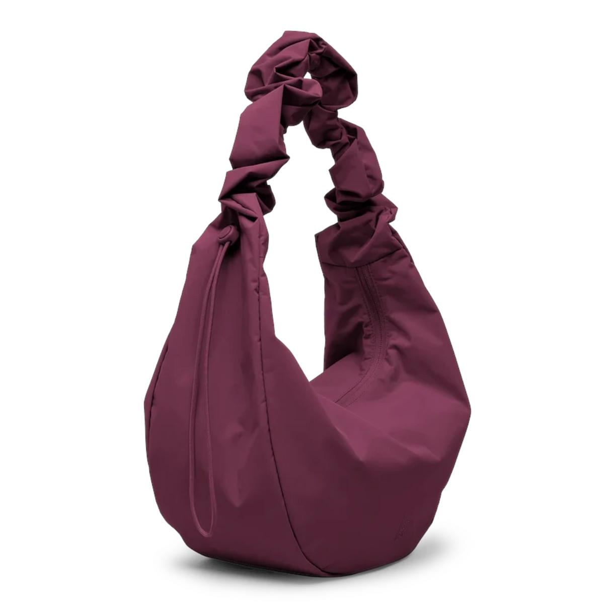 Lieblingstasche Moon Bag Ruffle Large in deep burgundy with a gathered scrunchie-style shoulder strap