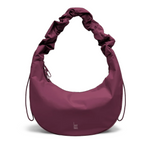 Lieblingstasche Moon Bag Ruffle Large in deep burgundy with a unique gathered shoulder strap and crescent shape