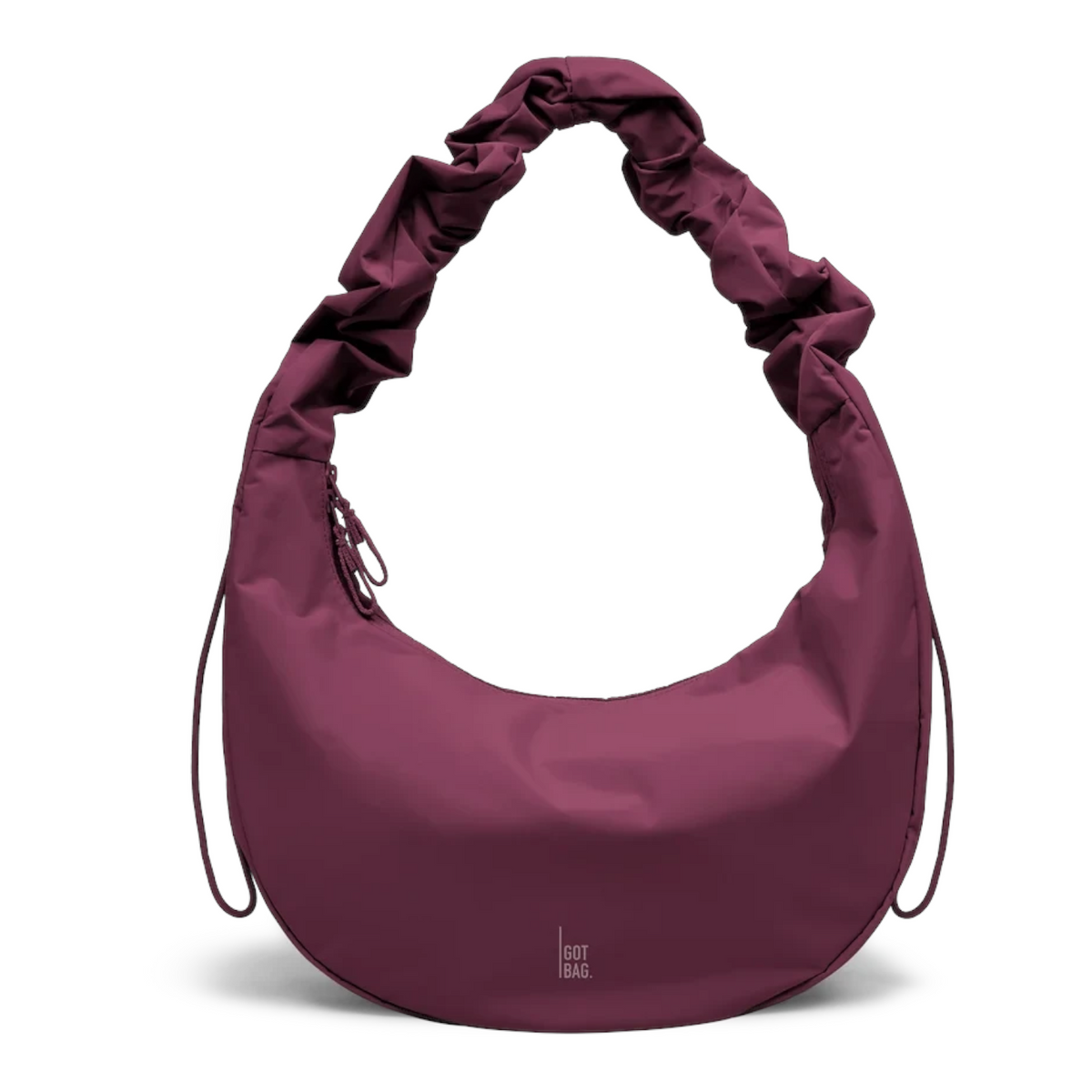 Lieblingstasche Moon Bag Ruffle Large in deep burgundy with a unique gathered shoulder strap and crescent shape