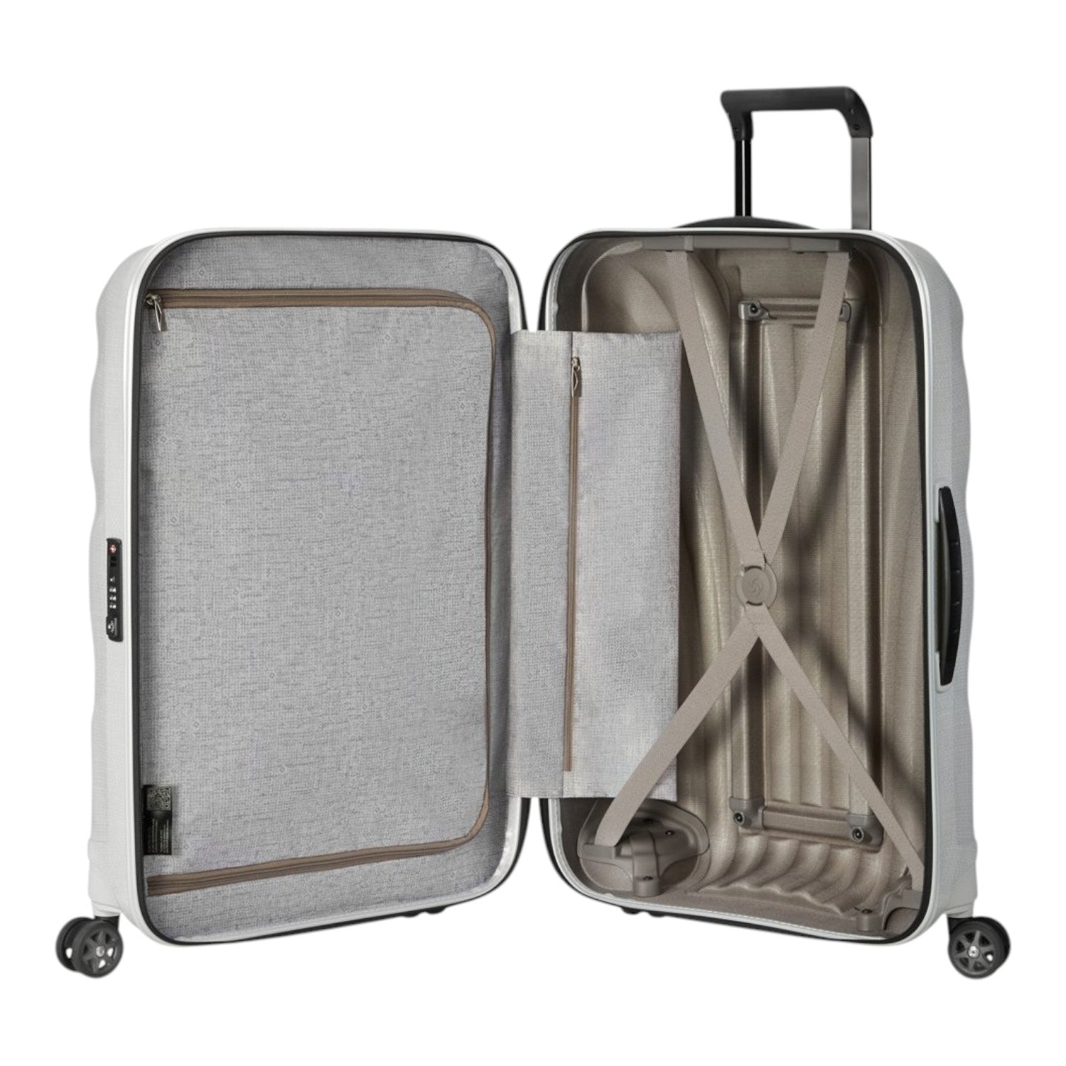 Lieblingstasche C-Lite Spinner 69/25 suitcase interior with grey fabric lining, zippered divider, and cross ribbons.